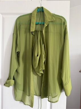 Fashion Nova Olive Green Sheer Tie-Neck Blouse